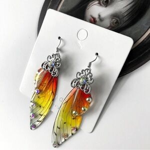 NEW Silver Orange & Yellow Fairy Wing Acrylic Earrings